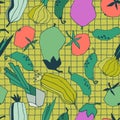 Seamless repeating pattern with vegetables and plaid. Abstract trendy illustrations on blue background