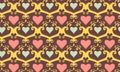 Seamless repeating romantic dark rich background with hearts and curls in vintage style. pink and blue hearts, yellow jewelry and