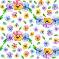 Seamless repeating spring pattern of beautiful watercolor single violet pansy viola flowers on a white background. There is an