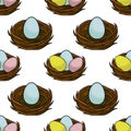 Seamless repeating vector pattern featuring charming nests filled with pastel Easter eggs, creating a delightful springtime Royalty Free Stock Photo