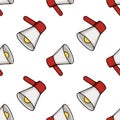 Seamless repeating vector pattern of retro-style megaphones with red handles and gray bells, set against a clean white background Royalty Free Stock Photo