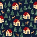 Seamless retro Christmas pattern - varied Xmas trees, houses and deers. Royalty Free Stock Photo