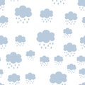 Seamless retro clouds and rain in the sky baby illustration blue scandinavian style background pattern in vector