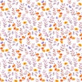 Seamless retro decorative floral swatch. Cute flowers, leaves and retro butterflies. Aquarelle