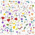 Seamless retro festive carnival pattern with colorful shapes on white background.