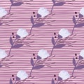 Seamless retro folk flower pattern. Lilac stripped background. Purple and light tones botanic shapes