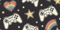 Seamless retro gaming pattern with controllers, stars, and rainbows Royalty Free Stock Photo