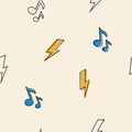 Seamless retro groovy pattern. Groovy power. Cartoon naive vector design with music notes and lightning. Style of the Royalty Free Stock Photo