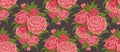Seamless retro pattern with cartoon bush of peony flowers with foliage on grey background. Vector fabric swatch with lush floral Royalty Free Stock Photo