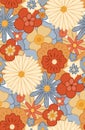 Seamless retro pattern with dense groovy flowers. Vector hippie texture with different flowers. Floral retro background