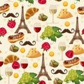 Seamless retro pattern in french style with food and wine.