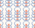 Seamless retro pattern with white geometric flowers with blue contour on white background. Vector floral texture Royalty Free Stock Photo