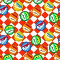 Seamless retro soda bottle caps pattern vector on red and white checkered background.