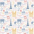 Seamless retro style background with symbols of Paris and France and French words