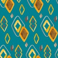 Seamless rhombuses pattern in scandinavian or folk style using yellow, brown and grey color on turquoise background