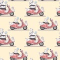 Seamless rider panda and cute cats with pink motorcycle pattern