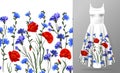 Seamless rim. Border with Herbs and wild flowers, leaves. Botanical Illustration Colorful illustration on dress mockup.