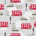 Seamless road pattern with cartoon red London bus and car. Royalty Free Stock Photo