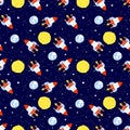 Seamless rocket pattern with ship, moon, earth, stars, stripe way. Vector kids background.