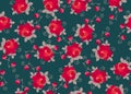 Seamless romantic floral pattern with red roses and small pink flowers on dark green background. Print for fabric Royalty Free Stock Photo