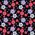 Seamless romantic floral pattern with red, white and lilac flowers and small blue leaves on black background in vector Royalty Free Stock Photo