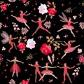 Seamless romantic pattern with ballet dancers in red clothes, beautiful big roses, leaves and hearts. Bright vector illustration. Royalty Free Stock Photo