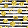 Seamless pattern with gold lips, roses and hearts