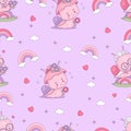 Seamless romantic pattern. Elderly snail grandmother on rainbow and funny woman insect kawaii characters on purple