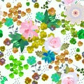 Seamless romantic pattern with gentle flowers, leaves and little hearts on white background in vector. Summer print for fabric