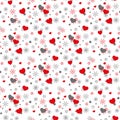 Seamless romantic pattern with hand drawn hearts, whorl, arrows and leaves. Doodle heart and leaf on white. Ready Royalty Free Stock Photo