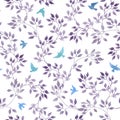 Seamless romantic pattern with hand painted cute leaves, ditsy watercolor birds. Watercolour Royalty Free Stock Photo