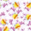 Seamless romantic pattern with magic unicorns, huge cosmos flowers, little rose and tiny tulips on white background. Watercolor