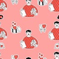 Seamless romantic pattern. Man with gift, valentine, symbols love, hearts on pink background. Vector illustration