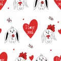 Seamless romantic pattern. pair of cute enamored rabbits and big heart with text I love you on white background with