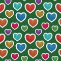 Seamless Romantic Vintage Scandinavian Style Handmade Colorful Knitted Fur Trim Hearts on green background pattern Royalty Free Stock Photo