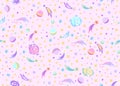 Seamless rose doodle space fabric textile pattern with planets, stars, galaxies on pink pastel background in kids design Royalty Free Stock Photo