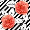 Seamless roses on stripes backgorund. Abstract leaves. Vector pattern. Royalty Free Stock Photo