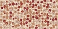 Seamless 70s retro stripes and flowers pattern in a faded vintage red and beige cream palette