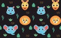 Seamless safari nursery pattern with cute animals faces vector print for fabric, wrapping, textile, wallpaper, apparel on black