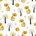Seamless safari pattern with cartoon tiger and palm trees.