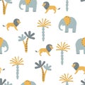 Seamless safari pattern with cute animals, elephant and lion. Vector Africa illustration