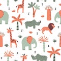 Seamless Safari Pattern With Cute Animals - Elephant, Rhino, Giraffe And Lion. Vector Africa Illustration