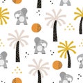 Seamless safari pattern with cute elephant and palm trees.