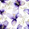 Seamless Saffron Flowers And Purple Berries Leaves Pattern Vector Illustration