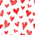 Seamless Saint Valentine pattern with red hand drawn shabby hearts on white background Royalty Free Stock Photo