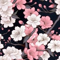 Seamless sakura Dark black background. Leave. More details by Generative AI