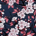Seamless sakura Dark blue background. Leave. More details by Generative AI