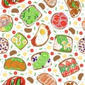Seamless sandwich pattern. Breakfast snacks, healthy food, bread products with vegetables. Kitchen decor textile