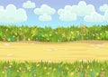 Seamless sandy road. Horizontal border composition. Summer meadow landscape. Juicy grass. Rural rustic scenery. Cartoon