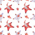 Seamless santa claus and snowman pattern. Watercolor background with red santa, blue snowman, mittens and hat in vintage style for Royalty Free Stock Photo